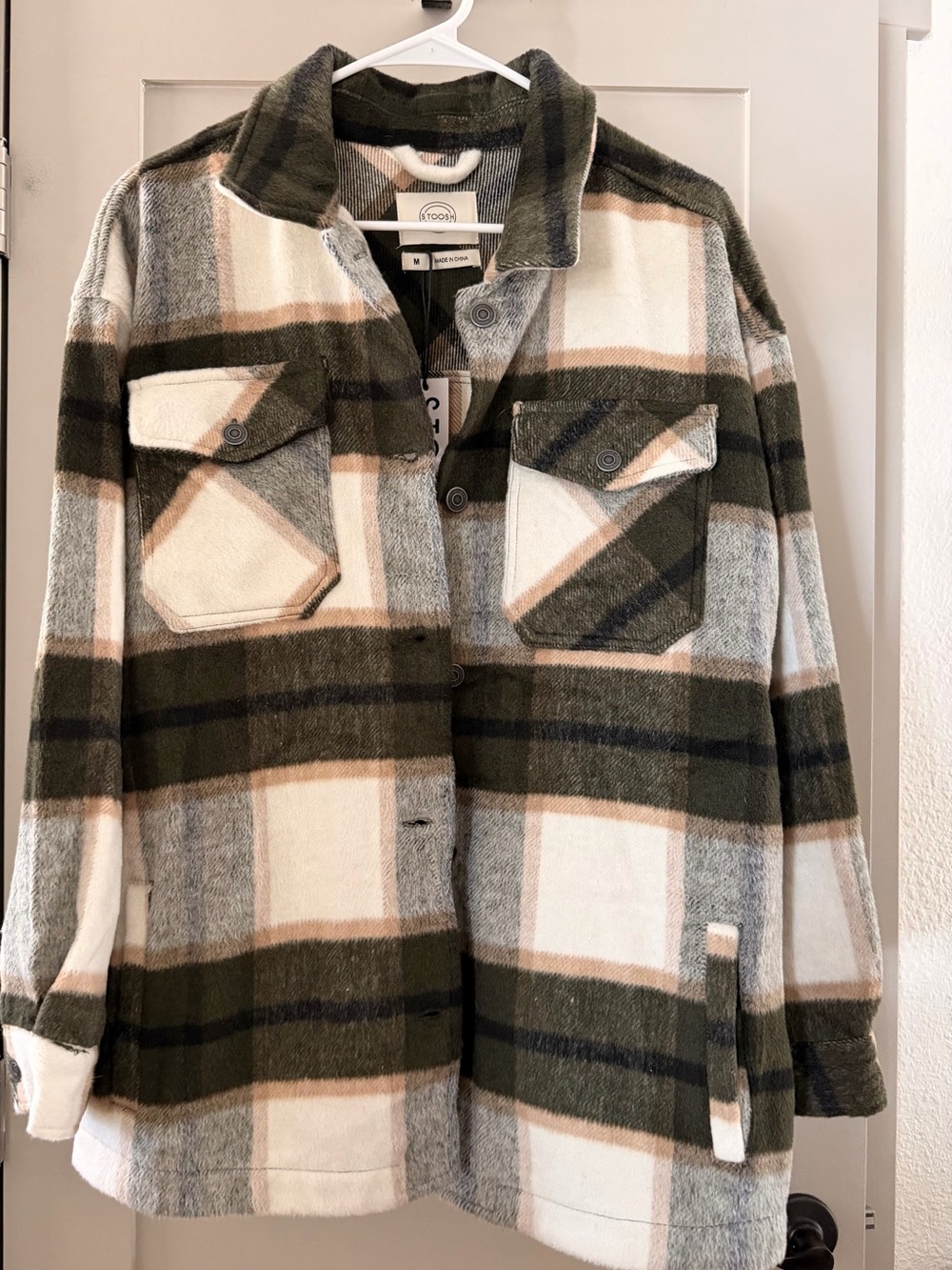 Stoosh Olive, Cream & Gray Plaid Lightweight Shacket